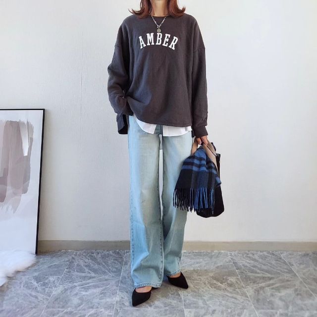 ワイドストレートジーンズを着用したコーデ