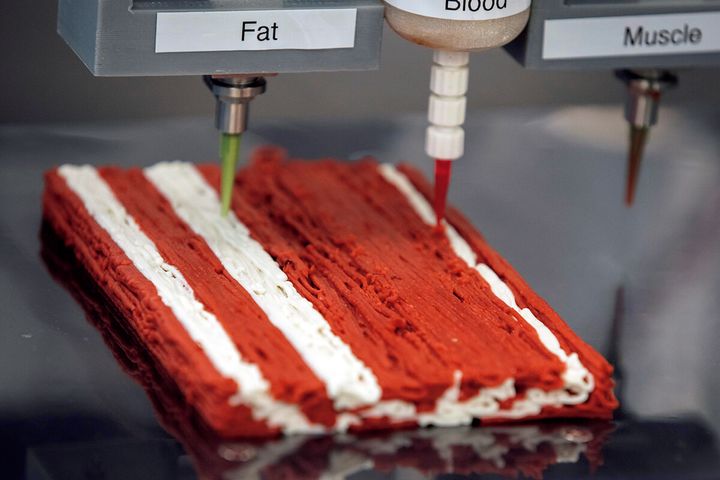 3Dフードプリンターで植物肉ステーキを印刷している場面