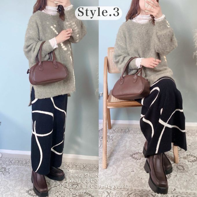 バックリボンプルオーバー×しまむらのブラックの「ライン柄JQナロースカート