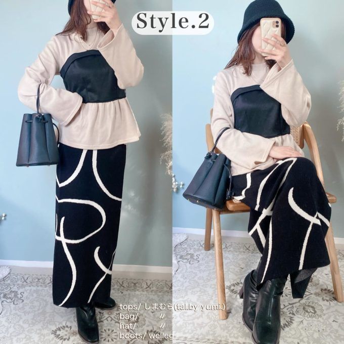 胸元切替プルオーバー×しまむらのブラックの「ライン柄JQナロースカート