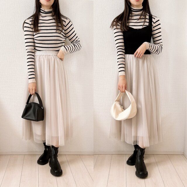 GUのチュールロングスカートにボーダーのタートルネックセーターとブラックのビスチェを追加するコーデ