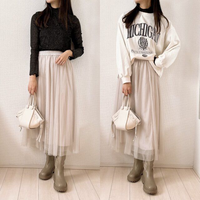 GUのチュールロングスカートにブラックのシアートップスとロゴ入りのスウェットコーデ