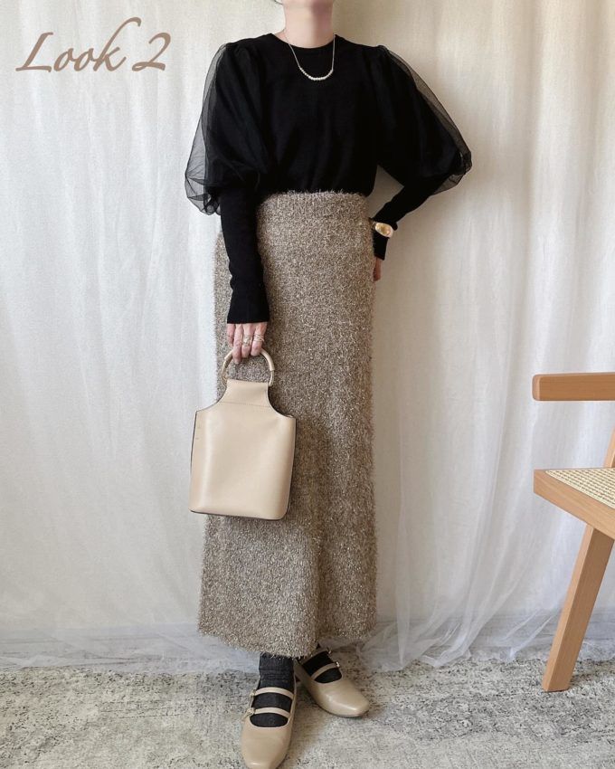 袖チュールマトンニットプルオーバー×Availの「ラメナロースカート」