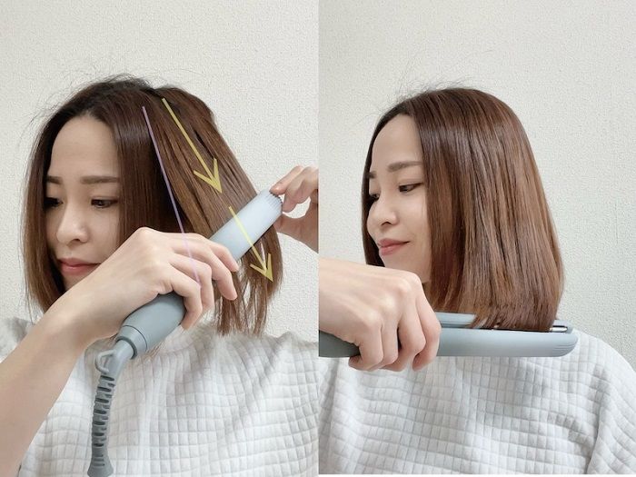 １ブロックにした髪の束ずつヘアアイロンを当てる