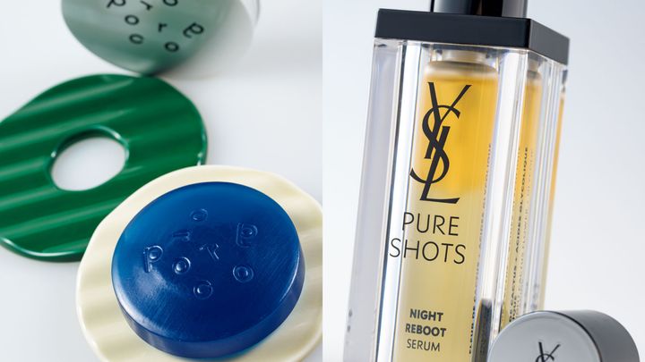 左：〈ポロロッカ〉の美容液石鹸。右：イヴ・サンローランの美容液