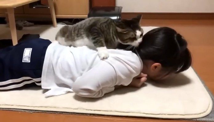 お姉ちゃんの背中に乗る猫