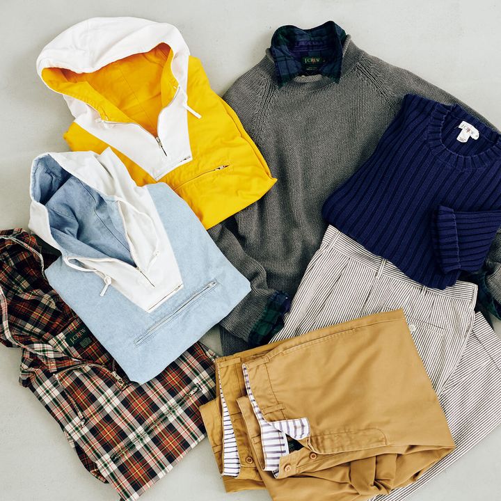 〈J.クルー〉のアノラックパーカ、アノラックジャケット、ロールネックコットンニット、ブラックウォッチ柄リネンシャツ、コットンリブニット、シアサッカー2タックパンツ、チノパンツ