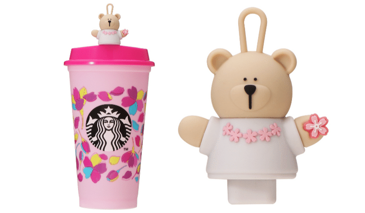 （左）から「SAKURA2024カラーチェンジングリユーザブルカップ」473ml （単体）600円 「SAKURA2024リユーザブルカップ専用ドリンク ホールキャップベアリスタ」1200円 ※「SAKURA2024カラーチェンジングリユーザブルカップ」とセットでのみ販売