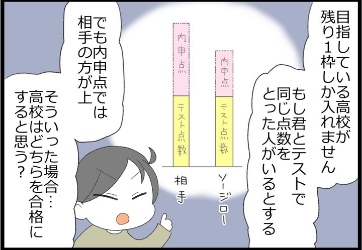 志望校で残り1枠しか入れない場合、もし息子とテストで同じ点数をとった人がいるとする。でも内申点では相手の方が上。その場合、高校はどちらを合格にする？
