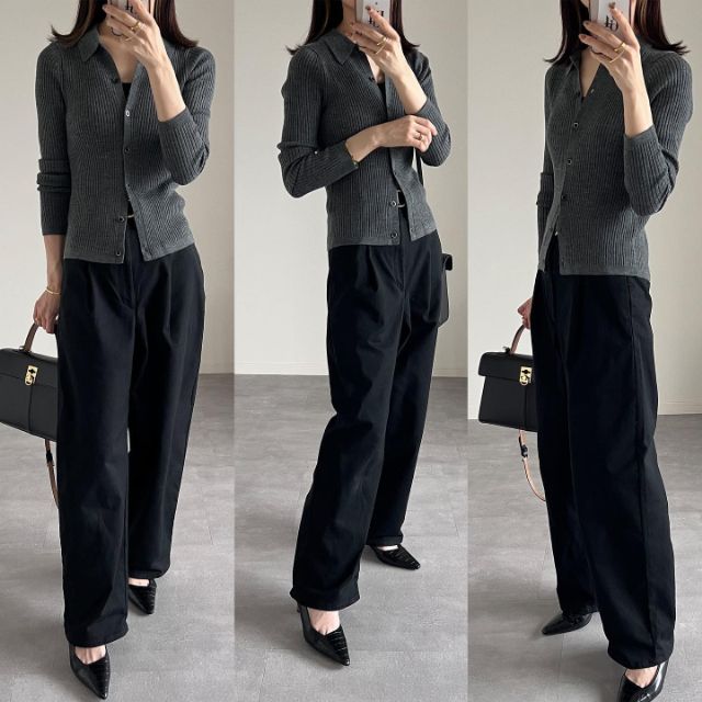 UNIQLOのグレーのエクストラファインメリノリブポロカーディガンとパンツのコーデ