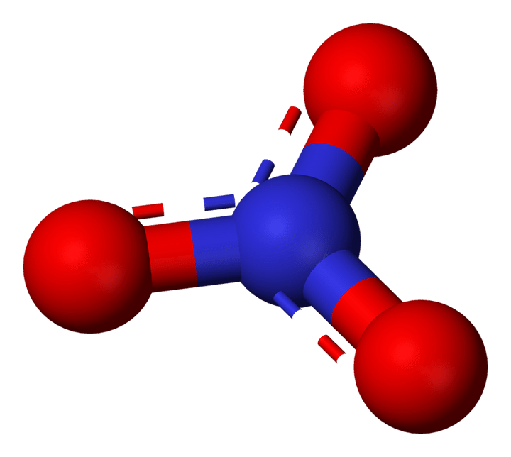 硝酸塩（赤が酸素原子、青が窒素原子）