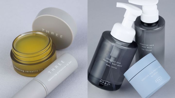 左、〈スリー〉バランシング ヴァーサタイル リップ マスク、プロテクティブ リップ バー／右〈オサジ〉センシティブ スキン