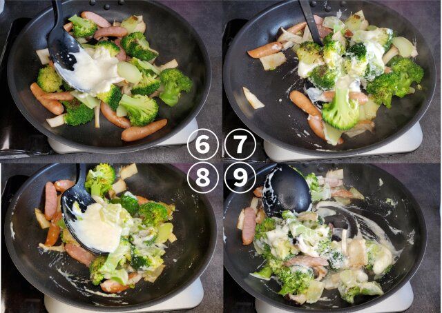 ブロッコリーとウィンナーとエリンギのカルボ風ソース絡め レシピ 具材にソースを絡める