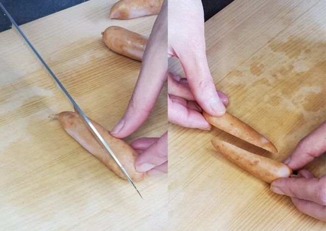 ブロッコリーとウィンナーとエリンギのカルボ風ソース絡め レシピ ウインナーを切る