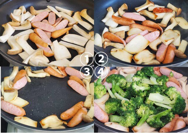 ブロッコリーとウィンナーとエリンギのカルボ風ソース絡め レシピ 具材を焼く