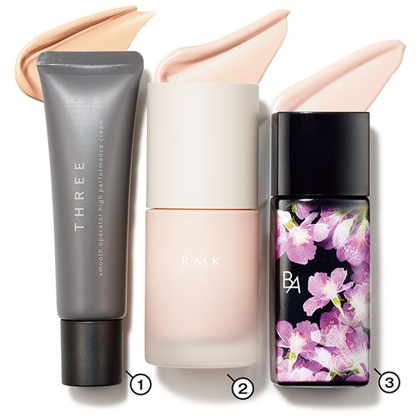 （1）THREE スムースオペレーターハイパフォーマンスクリーム 、（2）RMK ルミナス メイクアップベース、（3）B.A デイセラム リキッド