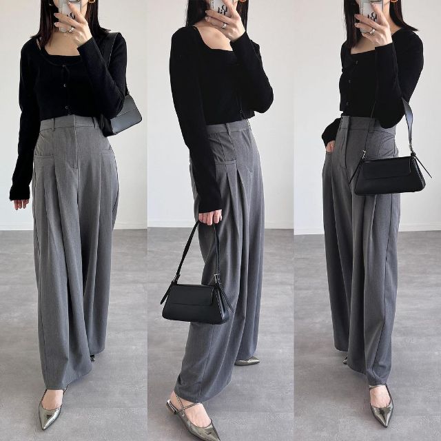 ブラックのGUの2ピースクロップドカーディガンとスラックスのコーデ