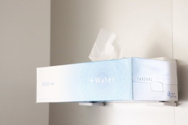 ティッシュにセリアのSimpler ボックスホルダーを取り付けて壁に設置