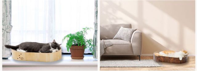 横伸び寝も叶う、幅60cmののびのび設計に寝そべるネコ