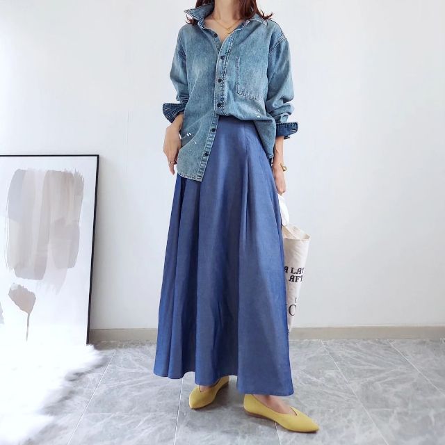 イエローのGUのウォッシャブルニットフラットシューズを着用したコーデ