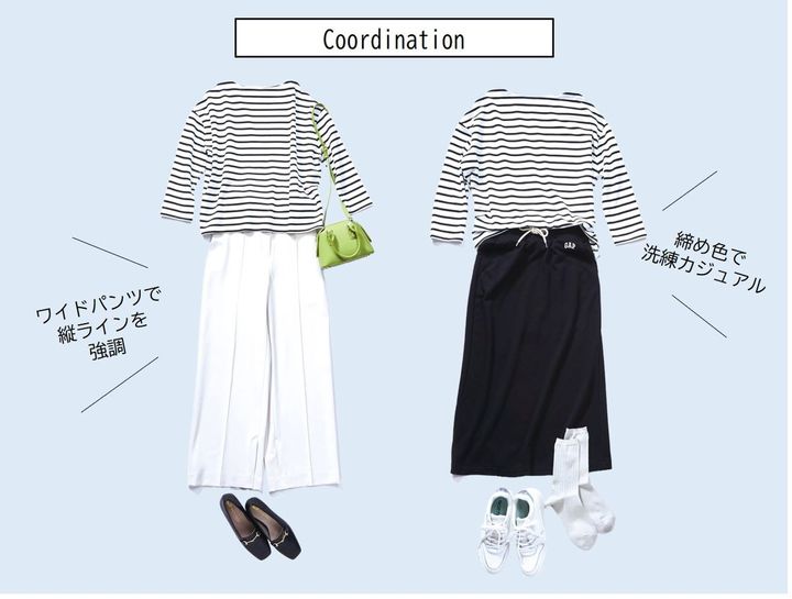 （左）●トップス（ 上と同じ） パンツ12000円／プラステ バッグ2790円／ 神戸レタス 靴6500円（ダブルエー オリエンタルトラフィック）／ダブルエー（右）●トップス（上と同じ） スカート6990円／ギャップ ソックス1430円／タビオ 靴8800円（オーアールティーアール）／ダブルエー