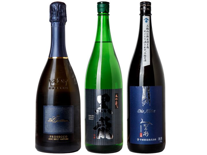 奈良・今西酒造「みむろ杉 Dio Abita 無濾過原酒」、福井・黒龍酒造「黒龍 大吟醸」、伊ヴェネト州の「プロセッコ ブリュット ナチューレ N.V.」