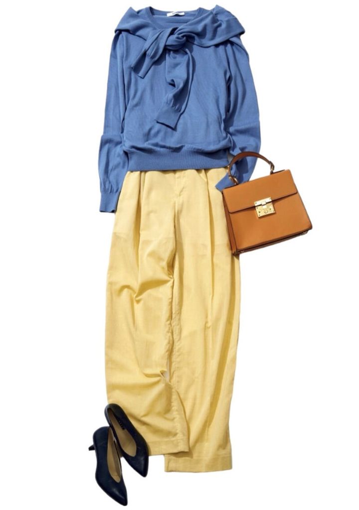 カラーセラピスト相川七瀬さん監修 トレンド パステルブルーコーデ 青の着こなし 落ち着きコーデコーデ アンサンブルニット 青ニット 