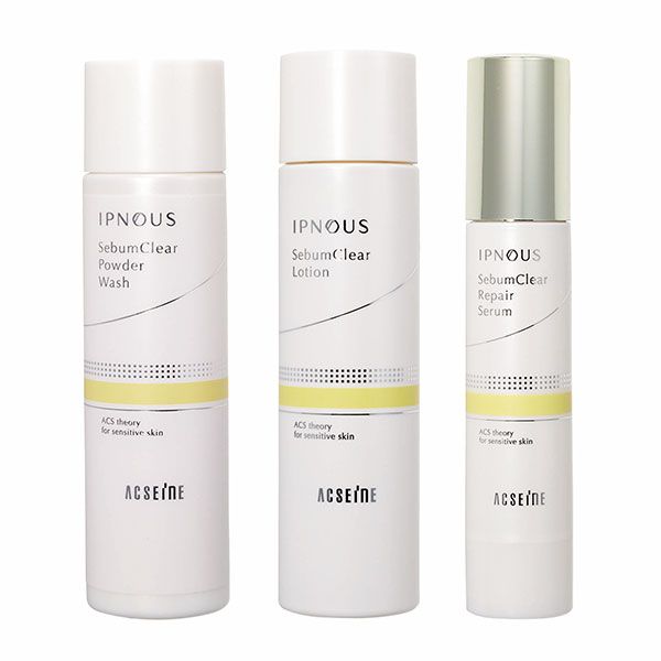 【左から】イプノス シーバムクリア パウダーウォッシュ、イプノス シーバムクリア ローション、イプノス シーバムクリア リペアセラム