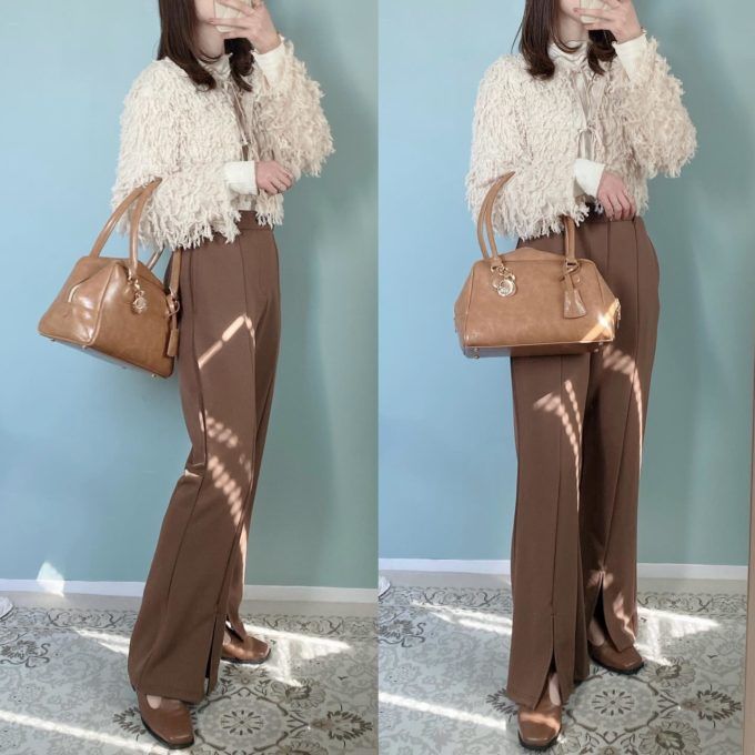 しまむらのアイボリーの「フリンジカーディガン」×フロントスリットパンツ