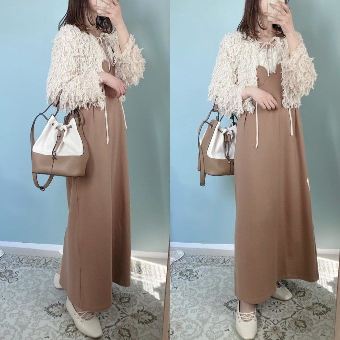 しまむらのアイボリーの「フリンジカーディガン」×スカラップキャミワンピース