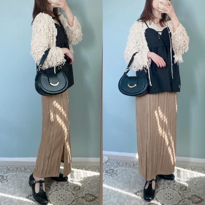 しまむらのアイボリーの「フリンジカーディガン」×サイドスリットプリーツスカート