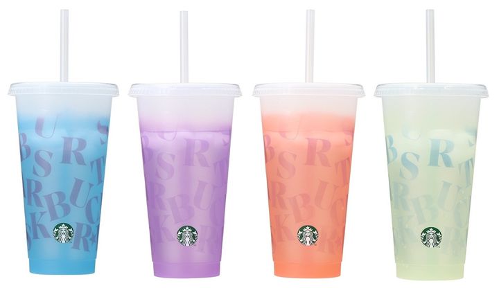 変わる色はそれぞれ4種類 本体：ブルー/パープル/オレンジ/イエロー ストロー：ピンク/パープル/グリーン/ブルー