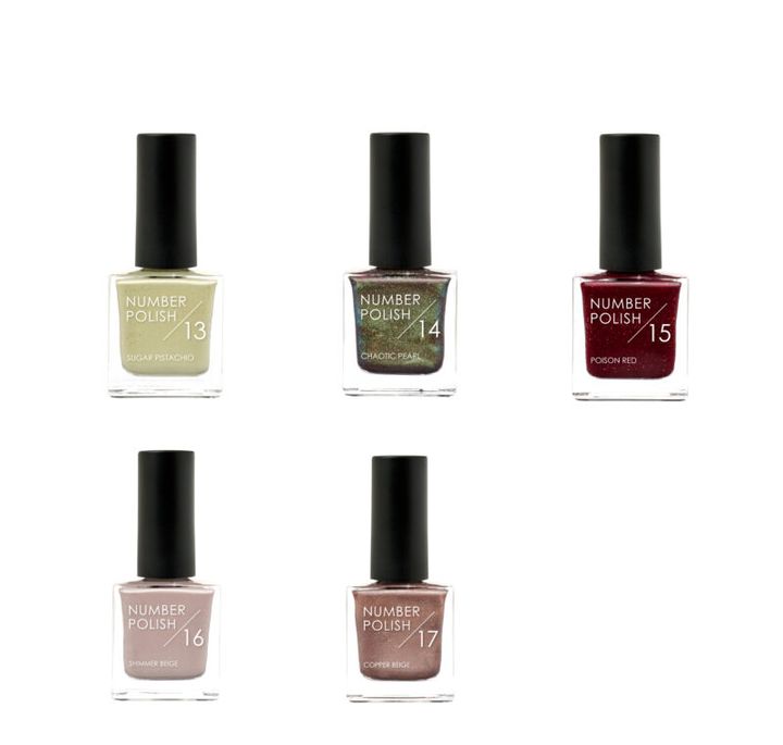 ナンバーポリッシュ 上左から：13 Sugar Pistachio、14 Chaotic Pearl、15 Poison Red 下左から：16 Shimmer Beige 、17 Copper Beige