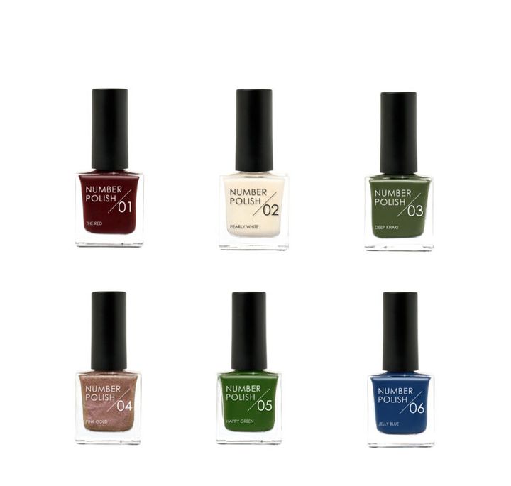 ナンバーポリッシュ 上左から：01 The Red、02 Pearly White、03 Deep Khaki 下左から：04 Pink Gold、05 Happy Green、06 Jelly Blue