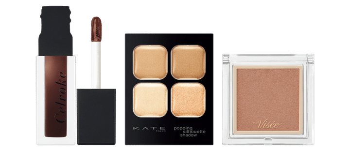 ヴィセ ザ コントゥア カラー（パウダー） BR352 （コーセー・3／16発売）、ケイト ポッピングシルエットシャドウ BE-1 （カネボウ化粧品）、モイステン リップドロップ 01 （セルヴォーク）