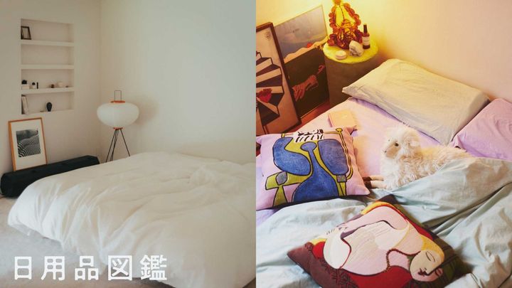 左、〈無印良品〉の脚付マットレス。右、〈TEKLA〉の寝具