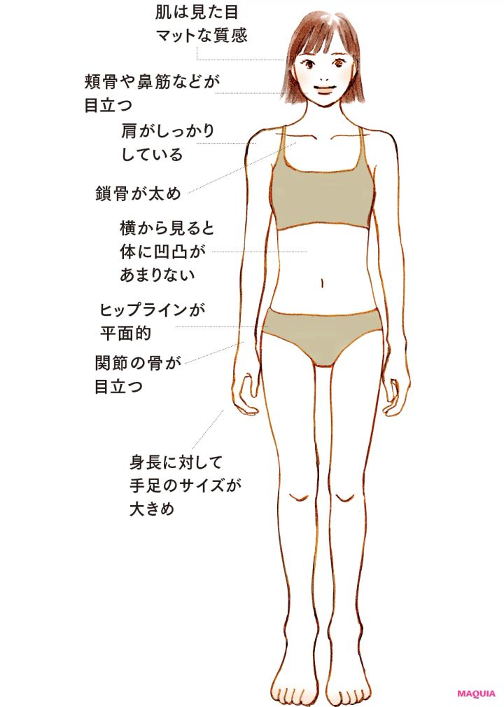 肌は見た目マットな質感／頬骨や鼻筋などが目立つ／肩がしっかりしている／鎖骨が太め／横から見ると体に凹凸があまりない／ヒップラインが平面的／関節の骨が目立つ／身長に対して手足のサイズが大きめ