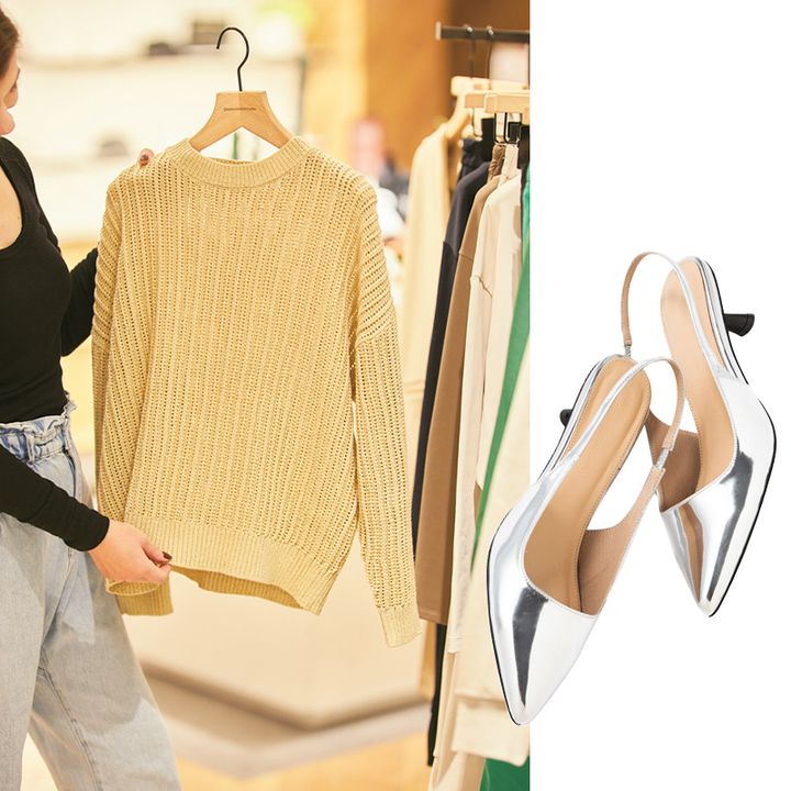 ニット,イエローニット,シルバーパンプス