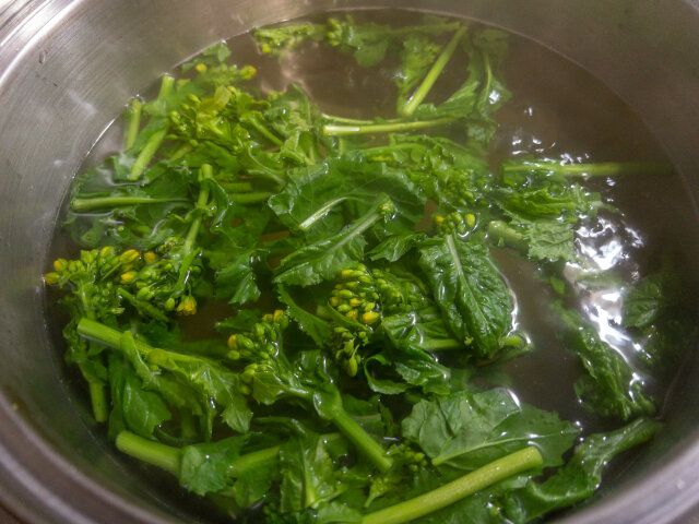 菜の花とホタルイカのアンチョビパスタ レシピ パスタと菜の花を茹でる