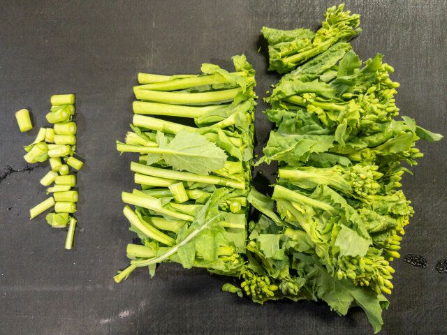 菜の花とホタルイカのアンチョビパスタ レシピ 菜の花をカットする