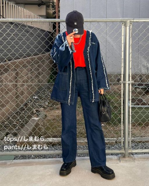 デニムフリンジJKを着用したコーデ