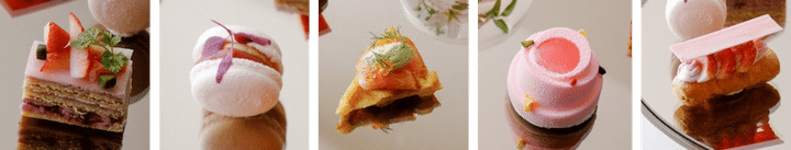 左から、「桜といちごのオペラ」、「フォアグラと桜のマカロン いちごとルバーブのジャム」、「アルプスサーモン ポテトワッフル」、「いちごのムース」、「いちごのエクレア」