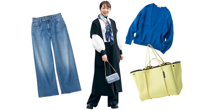 ママコーデ,ジレコーデ,ロンハーマン,ワイドデニム,ブルーニット,トートバッグ,ステートオブエスケープ