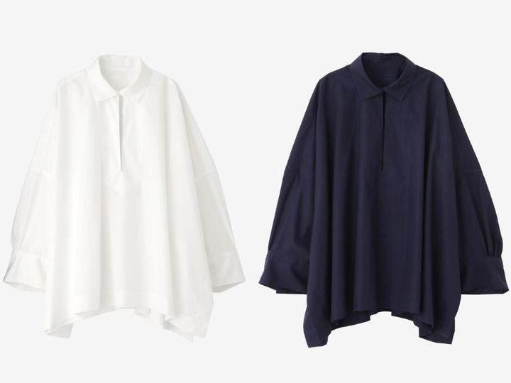 画像: 【ブリエンヌ × イレーヴ】「COTTON TYPEWRITER PONCHO SHIRT MA／間」（WHITE、NAVY）各¥39,600（税込） 出典：イレーヴ