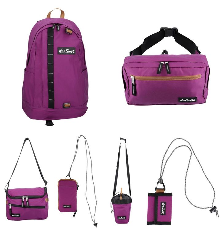 画像: 左上から時計回りに「デイパック」[縦44×横30×マチ14cm] ￥9,130、ウエストバッグ[縦13.5×横24×マチ7cm]￥5,830、「ネックウォレット」[縦9×横7cm]￥3,080、チョークバッグ[縦18×横12×マチ8cm]￥3,850、「ミニポーチ」[縦18×横9×マチ1.5cm]￥3,190、「ミニショルダー」[縦17×横24×マチ7cm]￥5,390 出典：ワイルドシングス