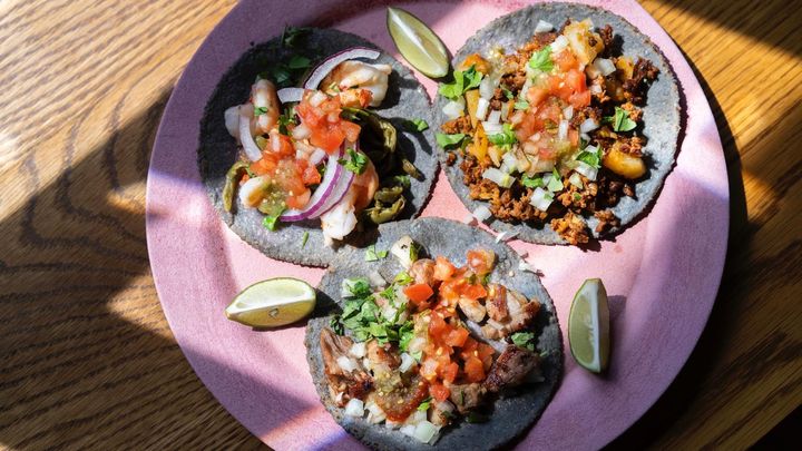 カルニータ、海老とサボテン、スパイシーチョリソーとジャガイモのタコス