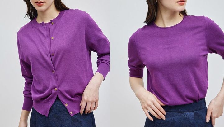 画像: 左「シルクコットン クルーネック カーディガン」￥25,300、右「シルクコットンクルーネック五分袖プルオーバー」￥22,000 出典：ロペ