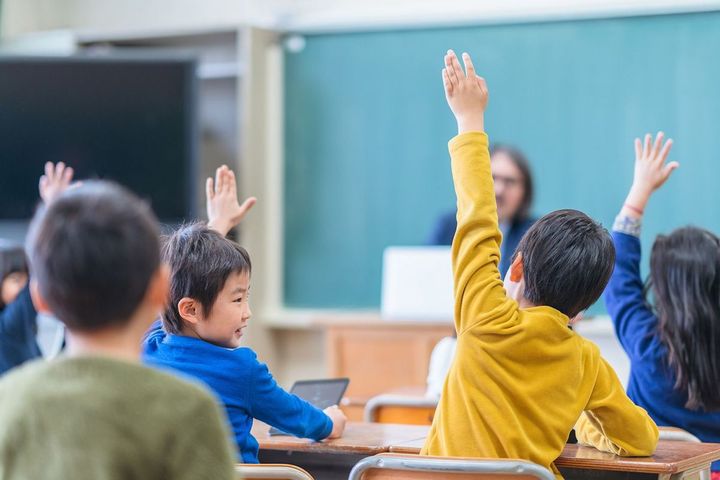 学校の授業で手を挙げる小学生