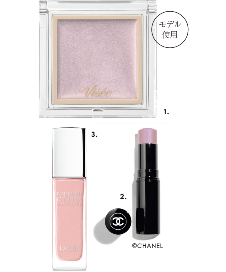 ヴィセ ザ コントゥア カラー（クリーム） PU101 ￥990〈編集部調べ〉（コーセー） 、ボーム エサンシエル リラ ￥6,600（シャネル） 、ディオールスキン フォーエヴァー グロウ マキシマイザー ピンク ￥5,940（パルファン・クリスチャン・ディオール）