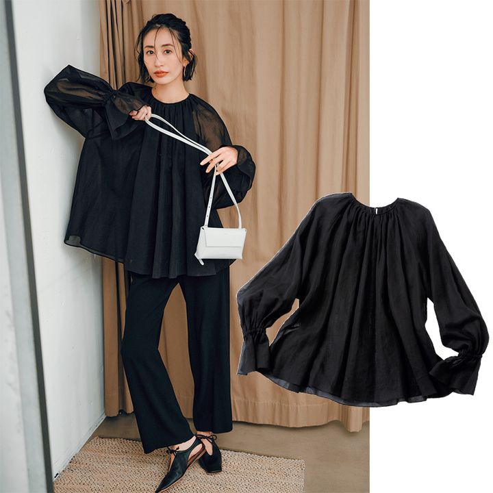 シアートップス ,シースルートップス,透けトップス,神山まりあ,黒ブラウス,ブラウスコーデ,ブラックコーデ,アルアバイル